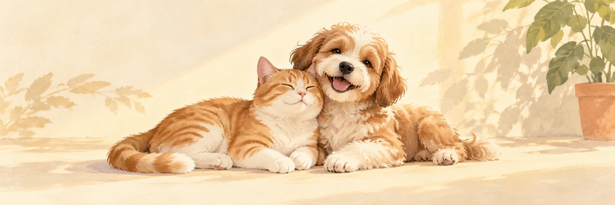 A cat and dog relaxing together in warm sunshine